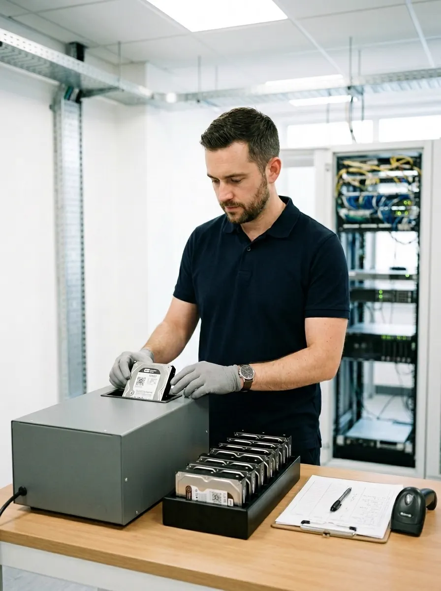 IT engineer performing secure data destruction on enterprise hard drives